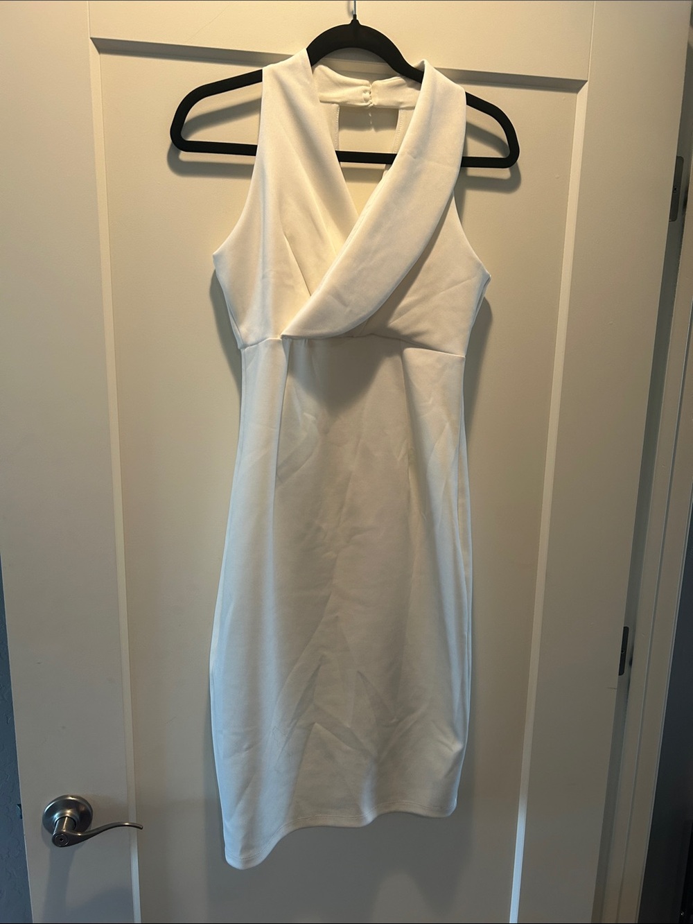 Enfocus Studio White Sleeveless Midi Sheath Dress with Draped Cowl